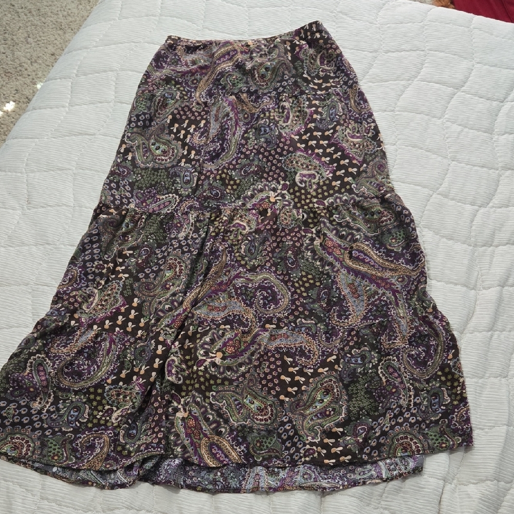 Maurices Brown Paisley Tiered Maxi Skirt with Purple and Green Accents